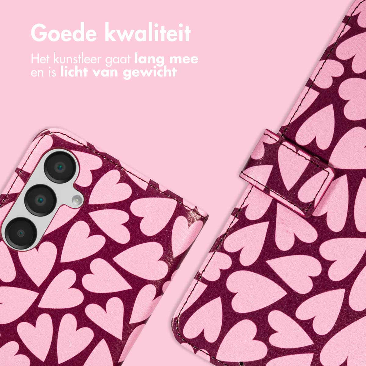 Een telefoonhoesje met een hartpatroon in roze en bordeauxrood. Tekst bovenaan: 'Goede kwaliteit'.