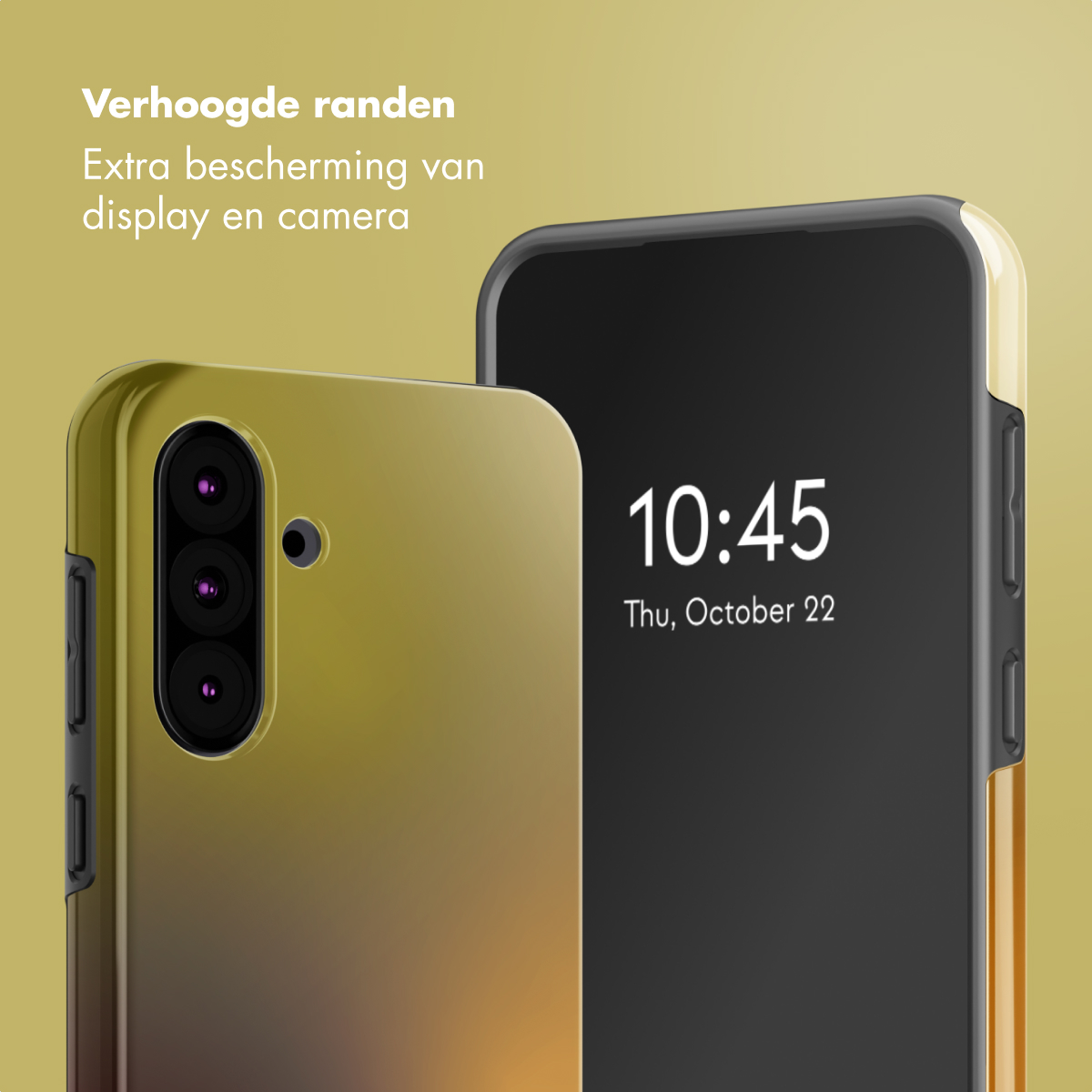 Due smartphone con custodie protettive. Quello a sinistra ha una tripla fotocamera. Quello a destra mostra ora e data.