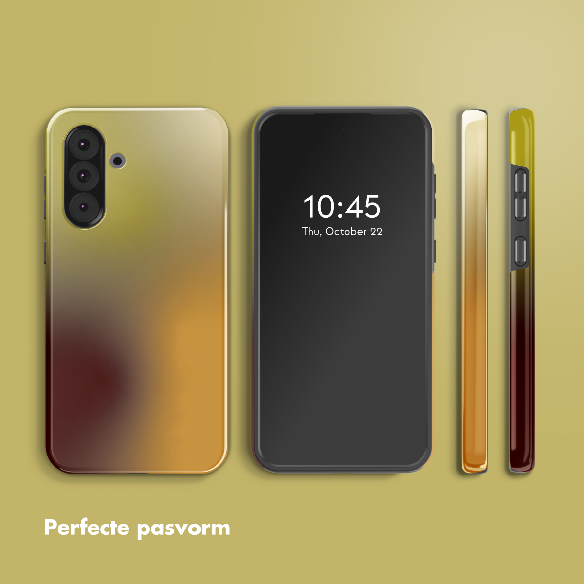 Uno smartphone con custodia sfumata, schermo nero con ora e vista laterale abbinata. Testo: Vestibilità perfetta.
