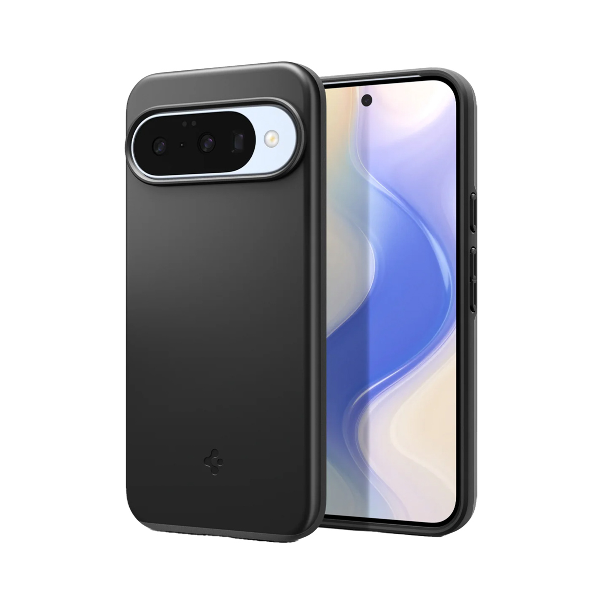 Coque de téléphone noire avec un téléphone à l'intérieur. La coque a une découpe pour l'appareil photo et un logo. L'écran affiche une image floue.