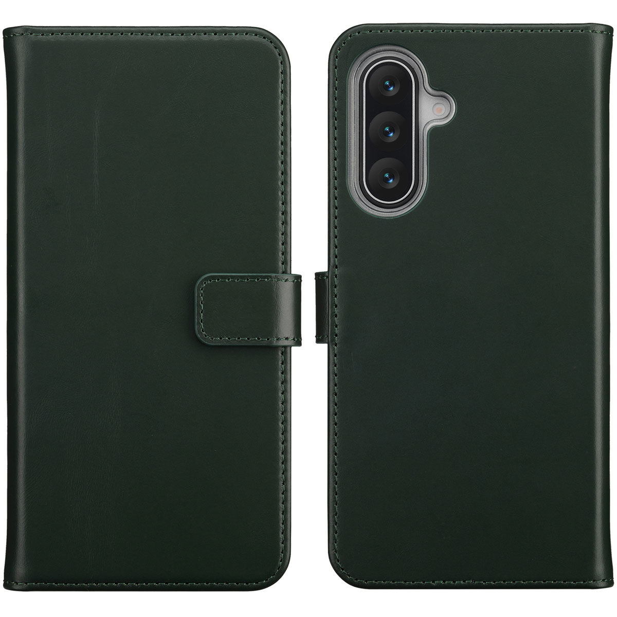 Un étui de téléphone vert foncé, ouvert. Le côté gauche a un rabat avec un fermoir. La droite a un téléphone avec plusieurs lentilles.