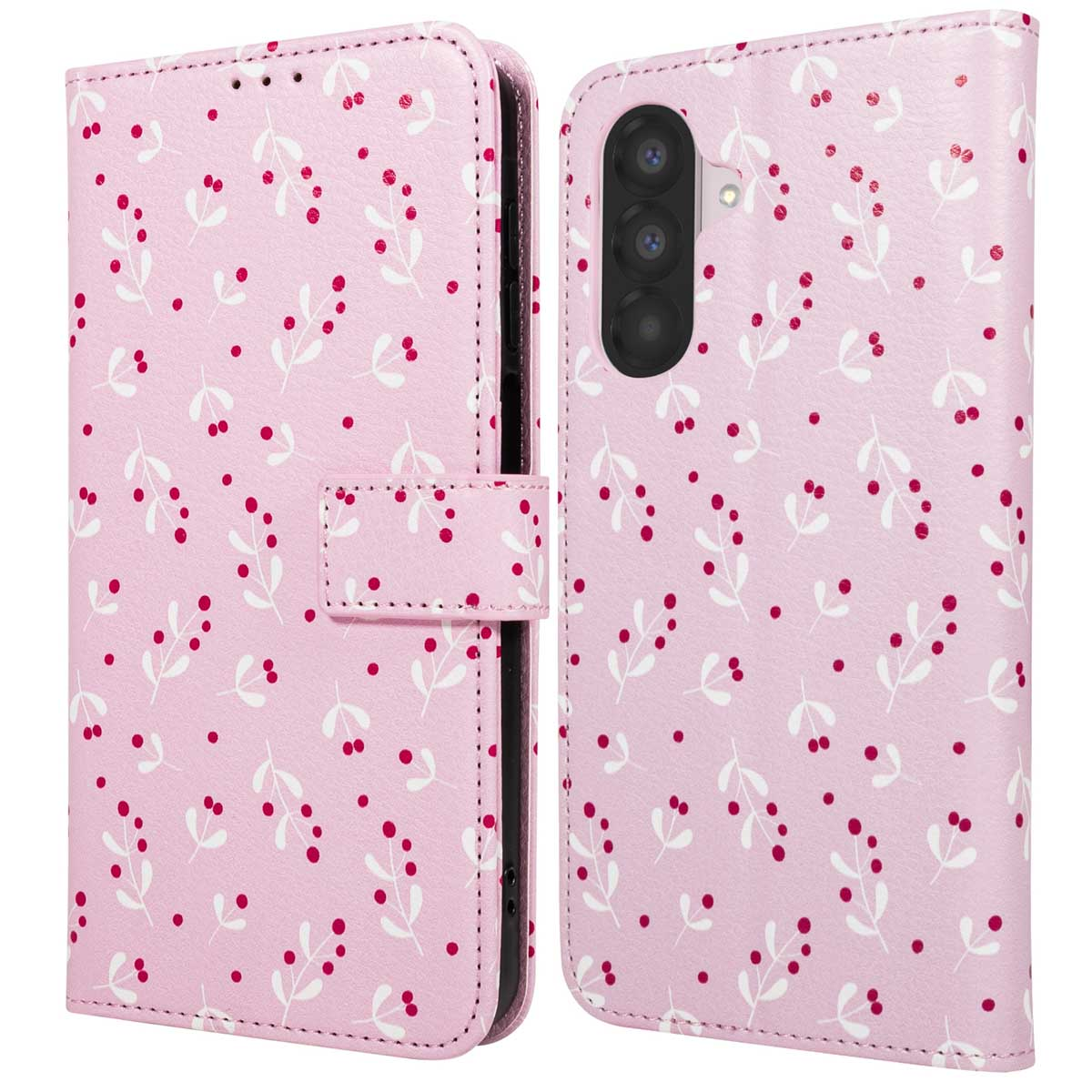 Roze telefoonhoesje met witte bladeren en rode bessen. Het is open, met een telefoon en een sluiting.