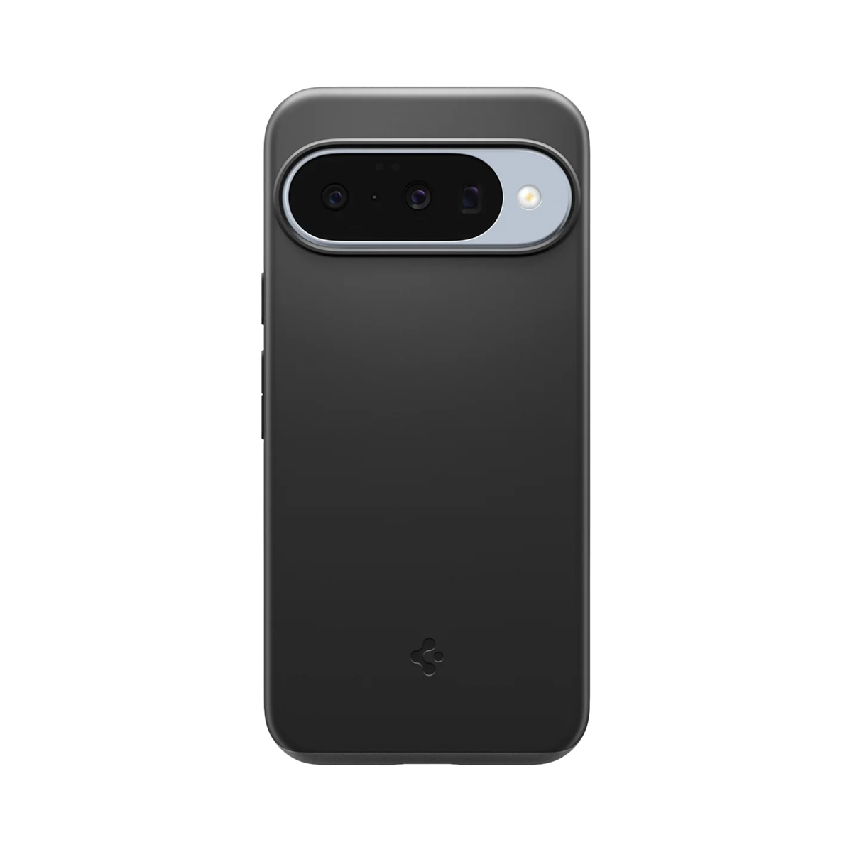 Une coque de téléphone noire sur fond blanc. La coque a trois caméras et un flash. Le logo Spigen est visible en bas.