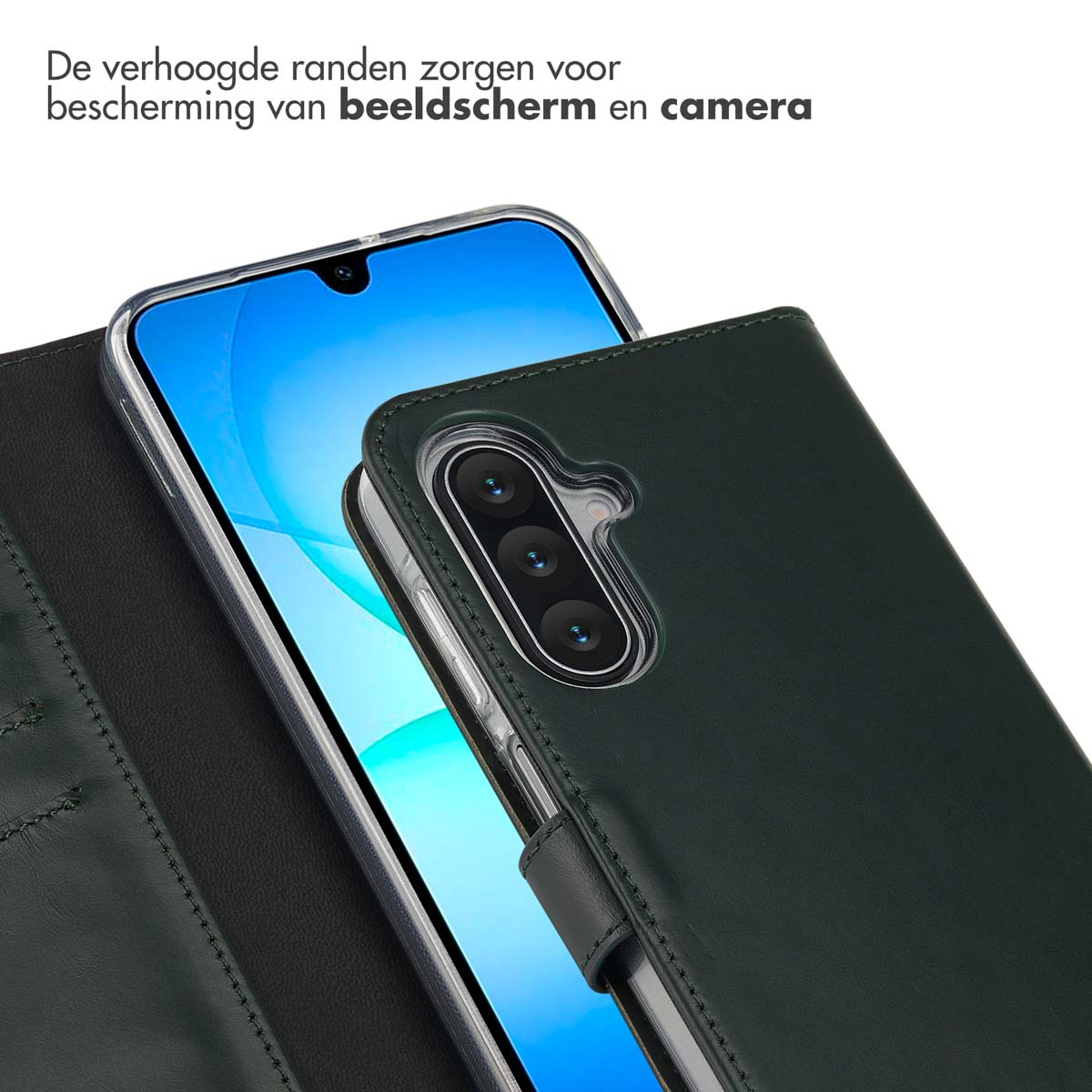 Un smartphone dans un étui vert. L'écran affiche un dégradé bleu. L'étui a des bords surélevés pour protéger.