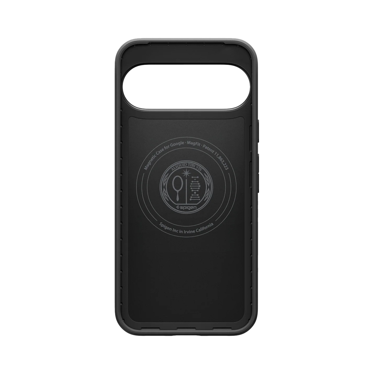 Une coque de téléphone noire avec une découpe pour l'appareil photo. Elle porte le logo Spigen et le texte 'Magnetic Case for Google'.