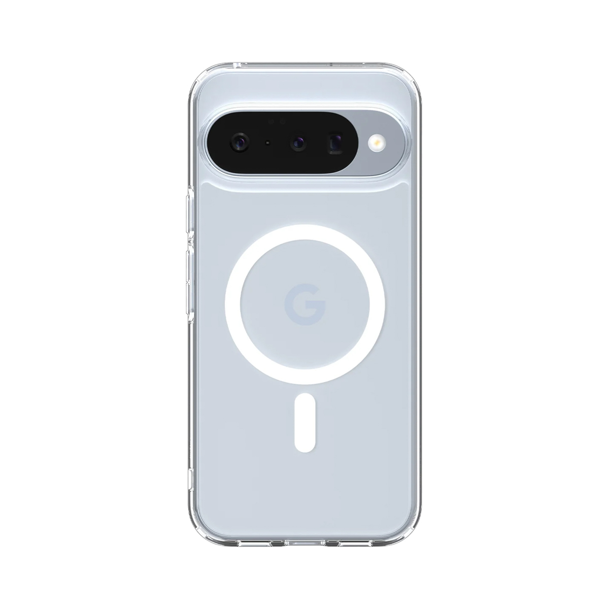 Una custodia trasparente per telefono con anello MagSafe bianco e logo Google. L'area della fotocamera è visibile in alto.