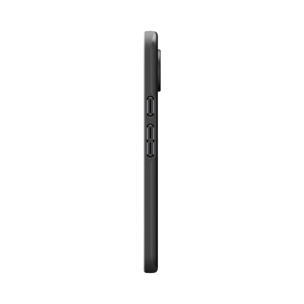 Vue latérale d'une coque de téléphone gris foncé. Elle comporte des boutons sur le côté droit et une bosse pour l'appareil photo en haut. Le fond est blanc.