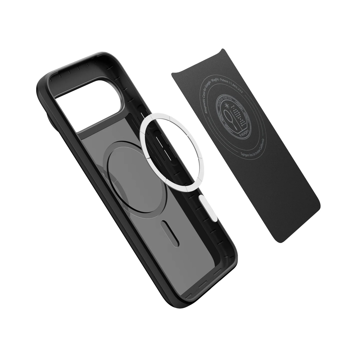 Coque de téléphone noire avec un anneau blanc et un insert noir, étiquetée 'Magnetic Case for Google'. La coque est partiellement démontée.