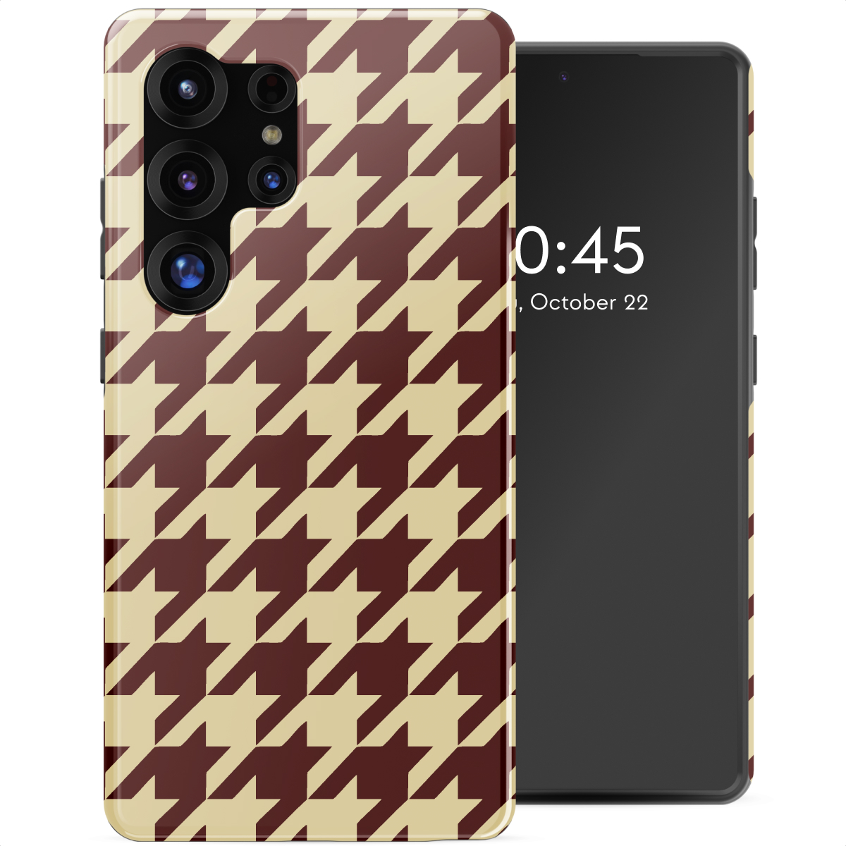 Uno smartphone con una custodia a motivo pied-de-poule. Lo schermo mostra l'ora e la data. La custodia è beige e bordeaux.