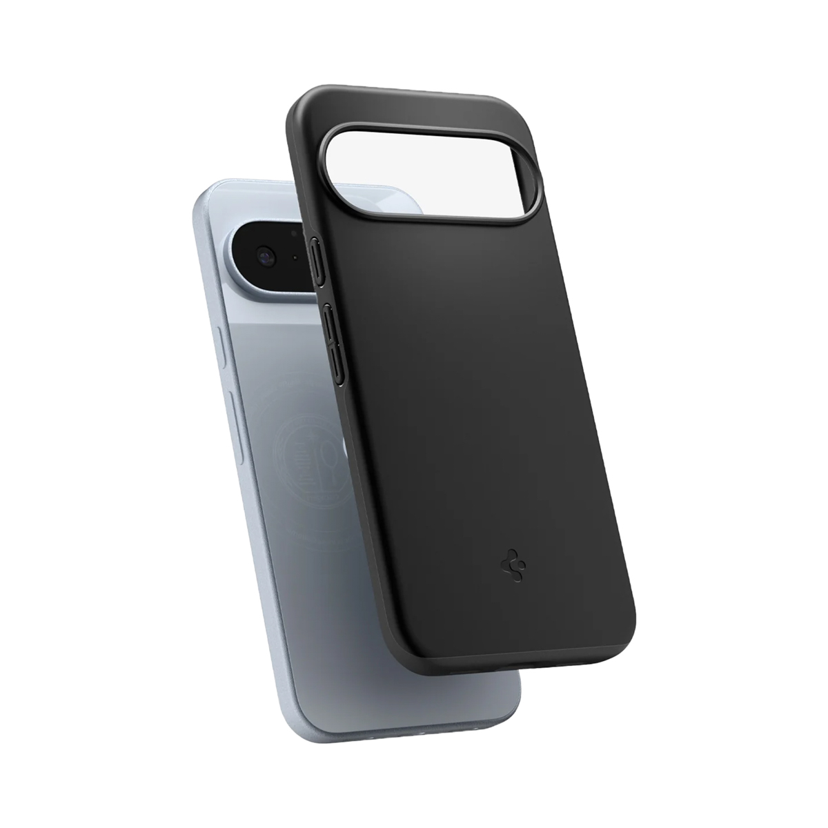 Deux coques de téléphone, une noire, une bleu clair. La coque noire est devant et a une zone ouverte pour l'appareil photo et les boutons.