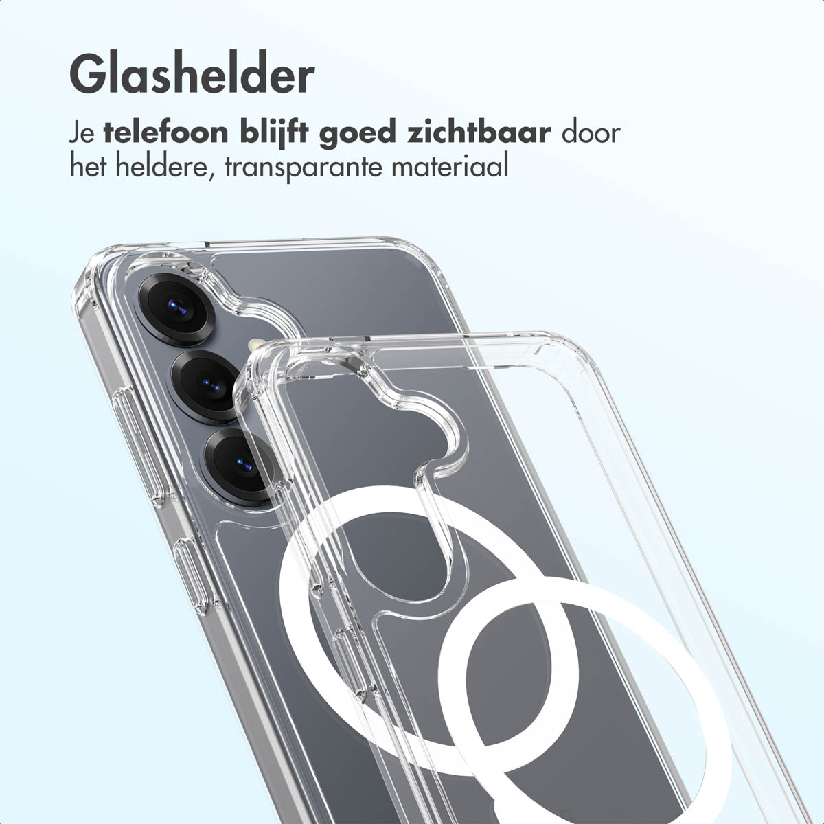 Una custodia trasparente per telefono su un telefono con tre obiettivi. La custodia ha anelli magnetici bianchi e testo in alto.