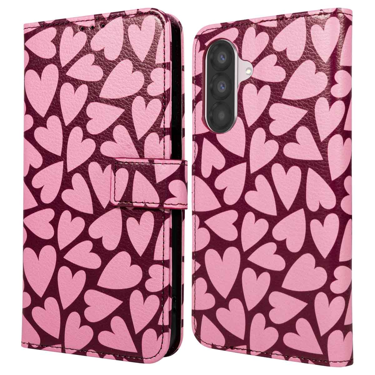 Een telefoonhoesje met een hartjespatroon. De hoes is open en toont een telefoon. De harten zijn lichtroze op een donkerroze achtergrond.