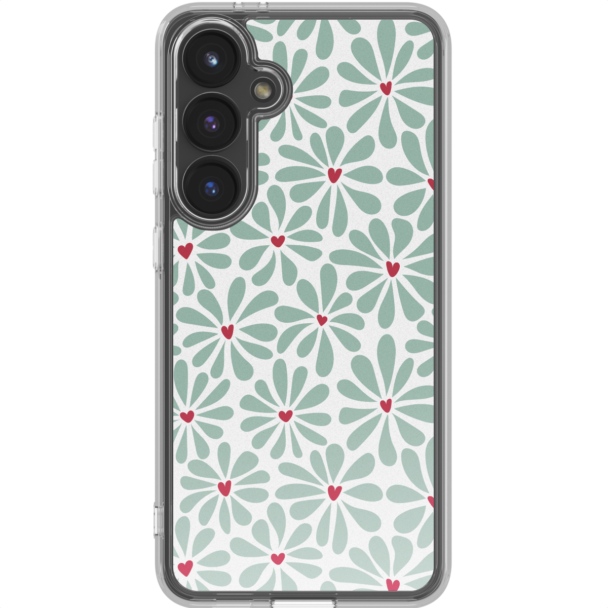 Telefoonhoesje met bloemenpatroon. Lichtblauwe bloemen met rode hartcentra op witte achtergrond. Transparant frame.