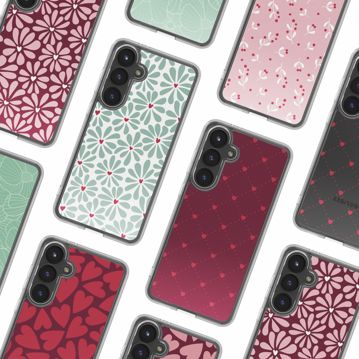 Collectie telefoonhoesjes met diverse bloemen- en hartpatronen in verschillende kleuren op een witte achtergrond.