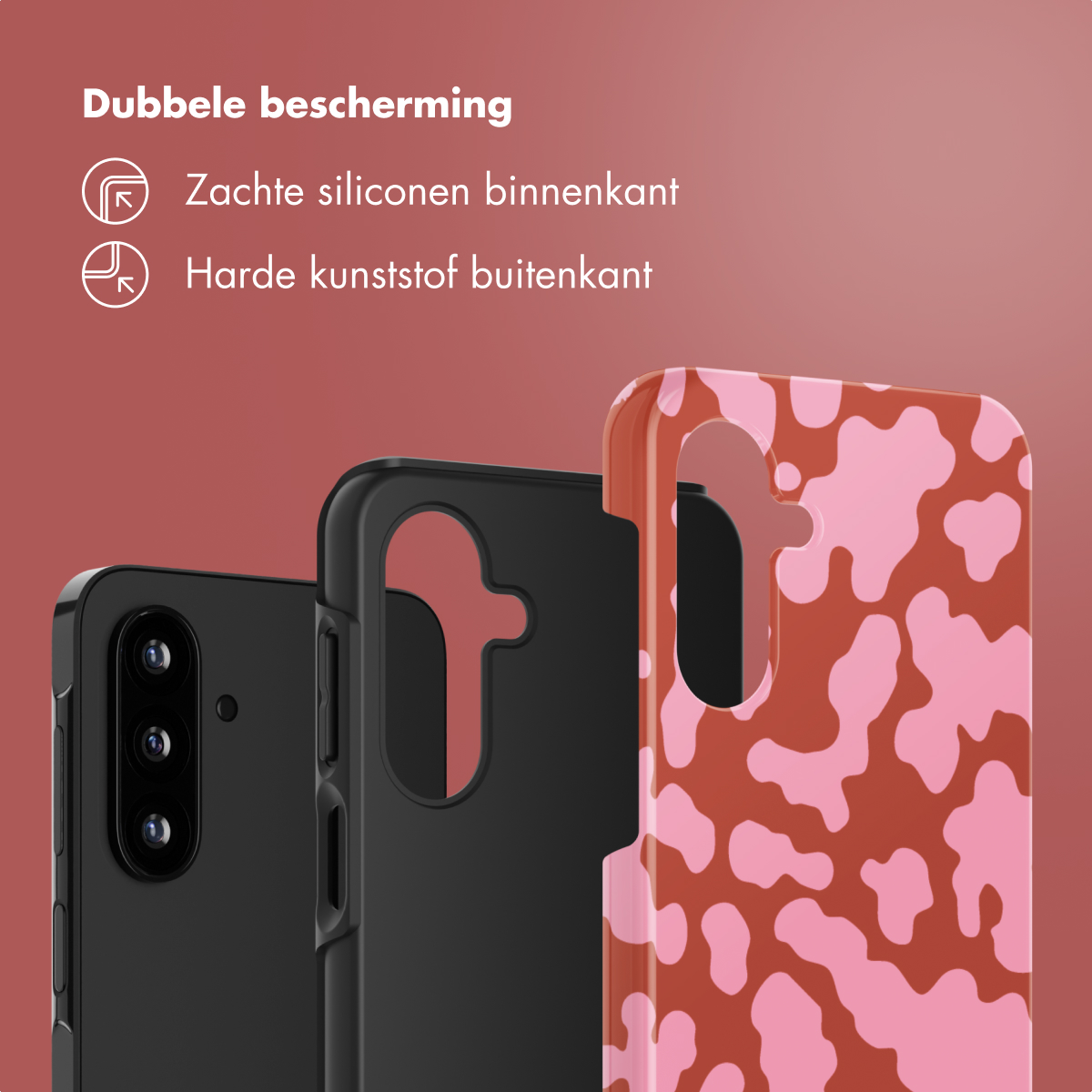 Drie telefoonhoesjes: zwart, zwart en rood met roze vlekken. Tekst: 'Dubbele bescherming' en 'Zachte siliconen binnenkant'.