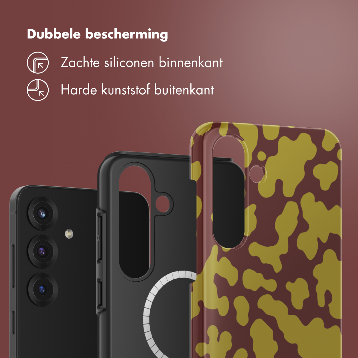 Tre custodie per telefono: nera, nera con cerchio bianco e marrone con motivo giallo. Lo sfondo è un gradiente rosso.