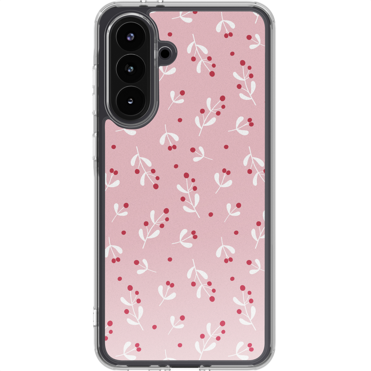 Una custodia per telefono con sfondo rosa e un motivo di foglie bianche e bacche rosse.