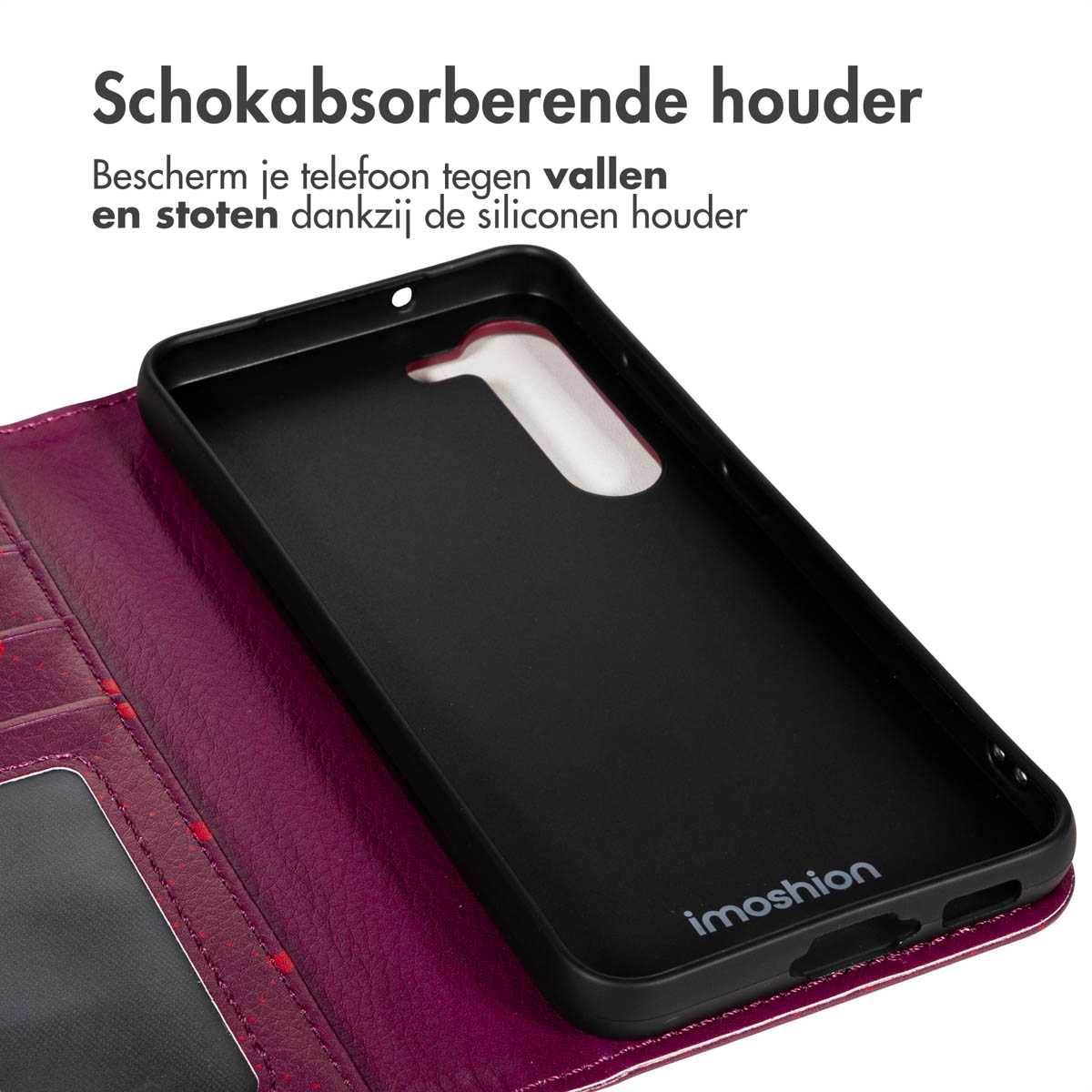 Coque de téléphone noire avec portefeuille en cuir violet. Texte : 'Support absorbant les chocs'. Logo Imoshion visible.
