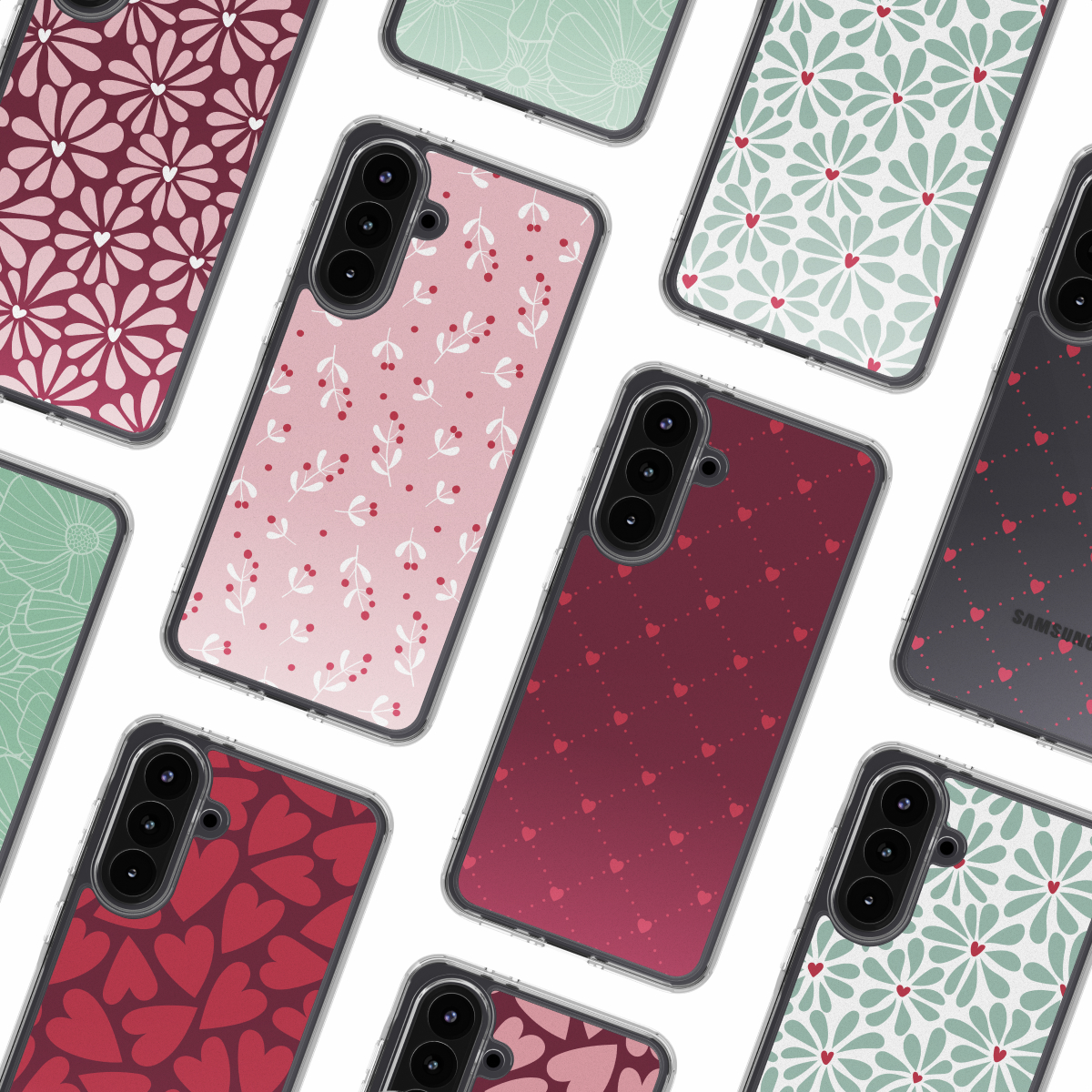 Collezione di custodie per telefoni con vari motivi: fiori, cuori e foglie. Le custodie sono su sfondo bianco, colori diversi.
