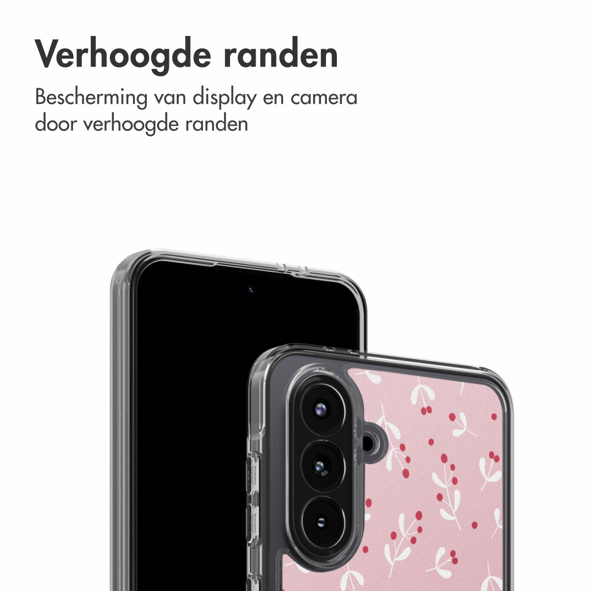 Due smartphone, uno con custodia a fantasia. La custodia presenta uno sfondo rosa con foglie bianche e bacche rosse. Entrambi i telefoni sono su bianco.
