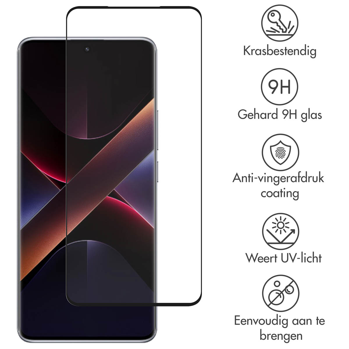 Un telefono con protezione schermo. Le etichette testuali indicano le caratteristiche: antigraffio, vetro 9H, anti-impronte, protezione UV, facile applicazione.