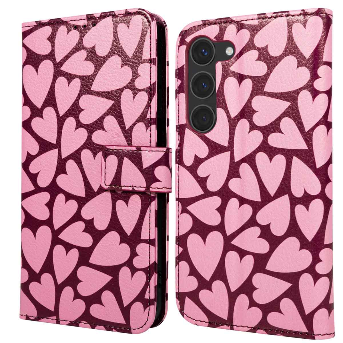 Custodia rosa per telefono con motivo a cuore su sfondo scuro. Custodia aperta, mostra fotocamera e forma del telefono.