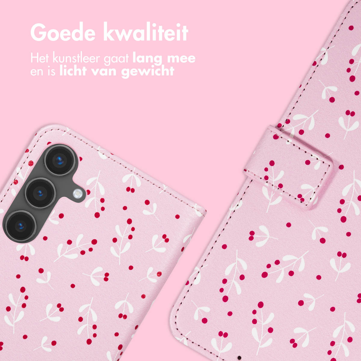 Roze telefoonhoesje met bloemenpatroon en telefoon met cameralenzen. Tekst: Goede kwaliteit. Hoesje van kunstleer.
