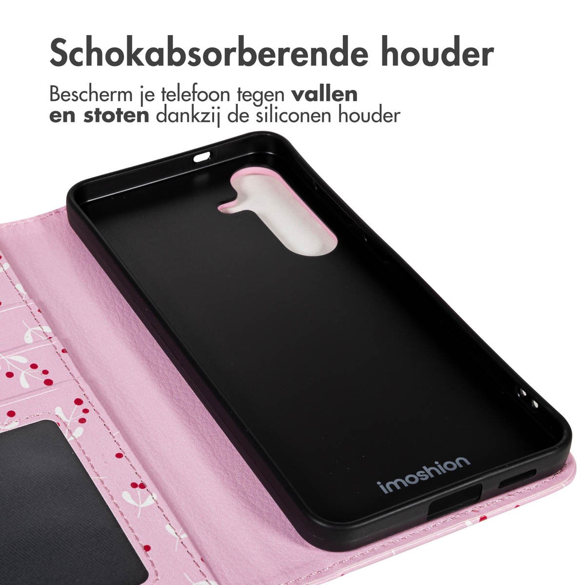 Zwarte telefoonhoes op roze bloemenportemonnee. De tekst bovenaan luidt 'Schokabsorberende houder'. 'imoshion' staat op de hoes gedrukt.
