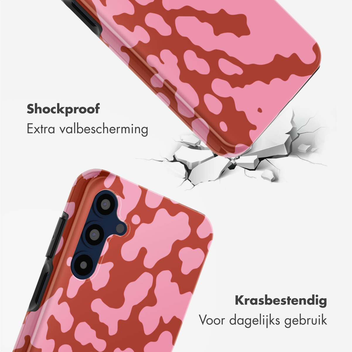 Roze en bruine telefoonhoesjes worden getoond. Een hoesje valt en barst de grond. Tekst zegt 'Schokbestendig' en 'Krasbestendig'.