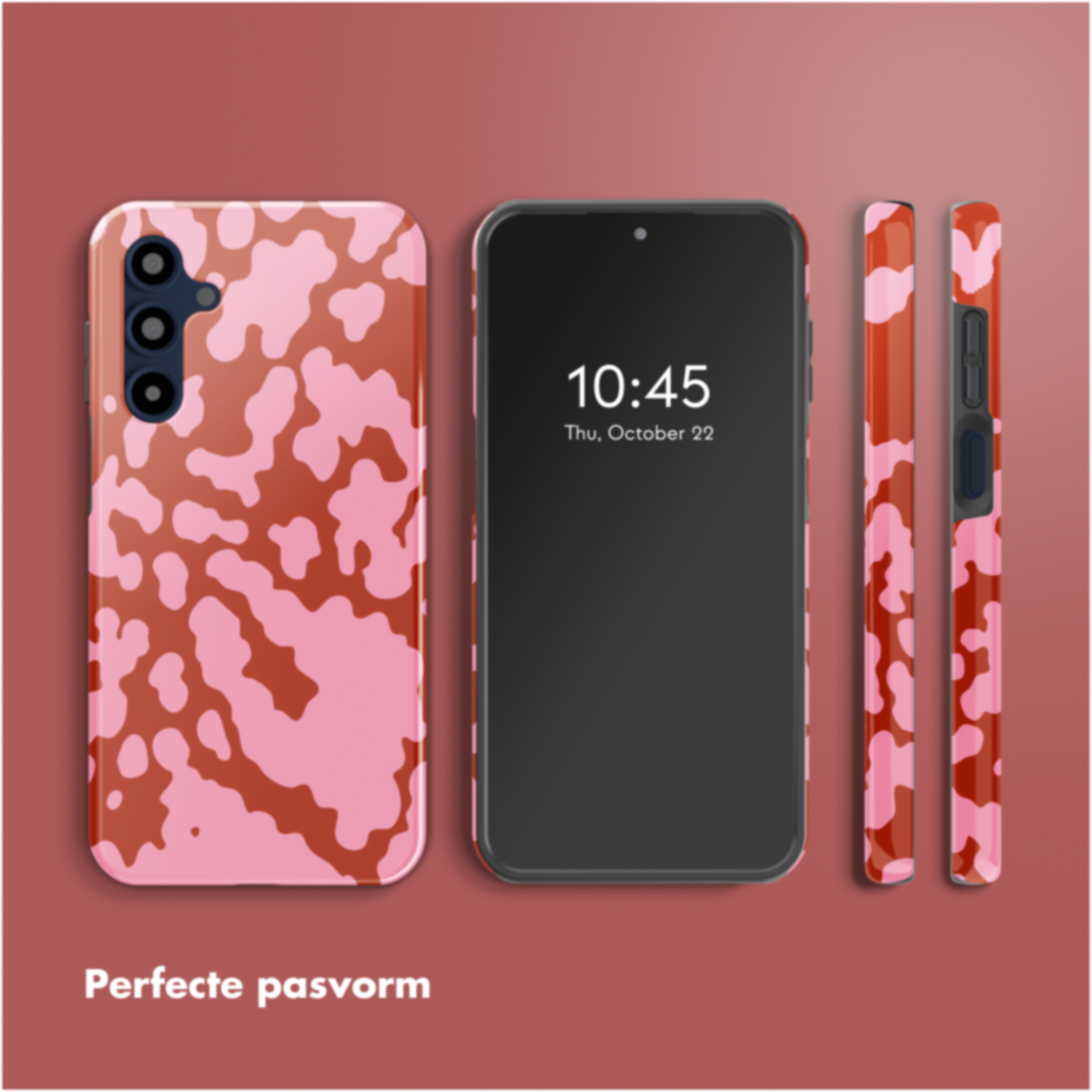 Telefoon met roze en bruine hoes, display toont 10:45. Extra hoesjes worden getoond. Tekst: Perfecte pasvorm.