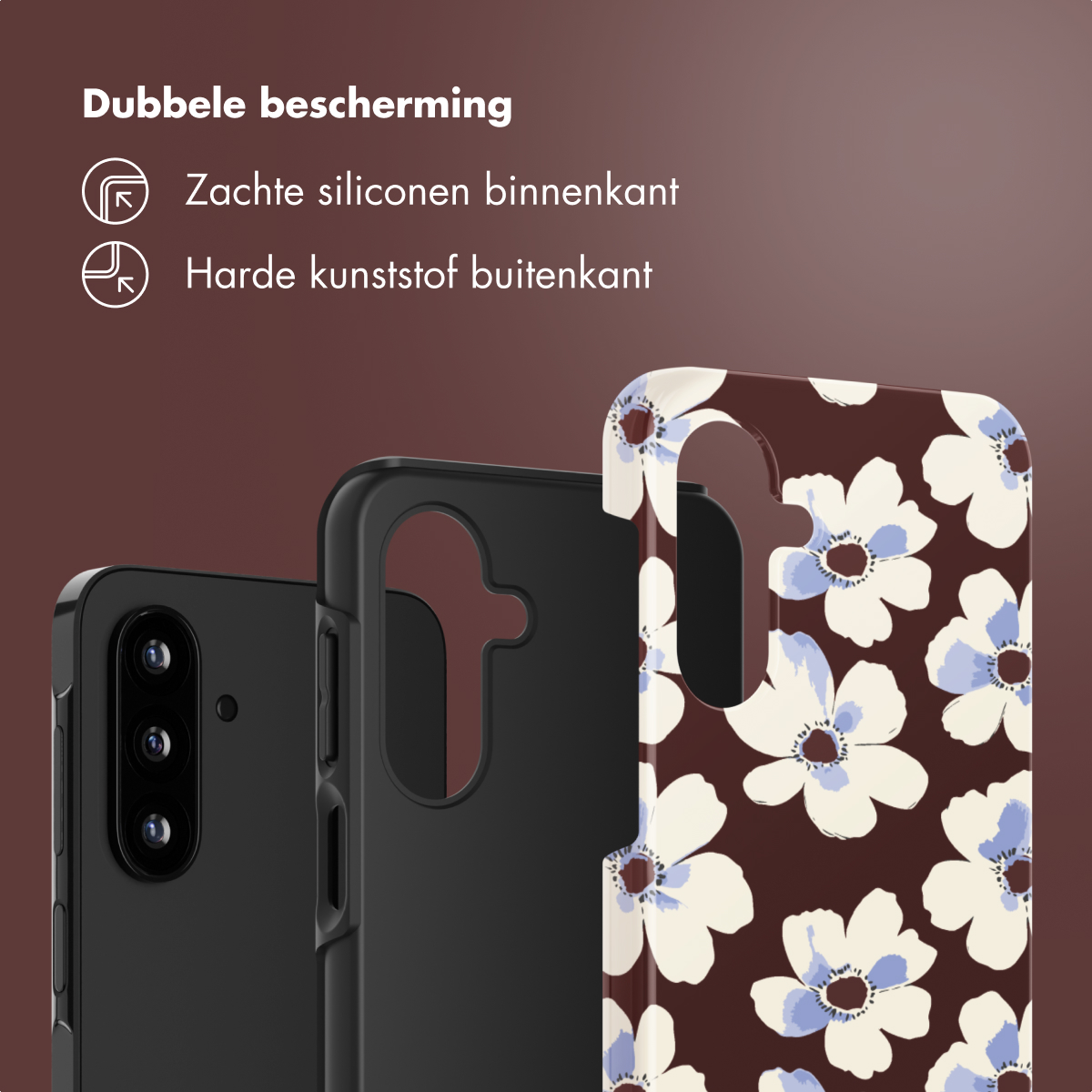 Telefoonhoesjes. Eén zwart, één met bloemenprint en één met een zwart frame. Tekst zegt dubbele bescherming.