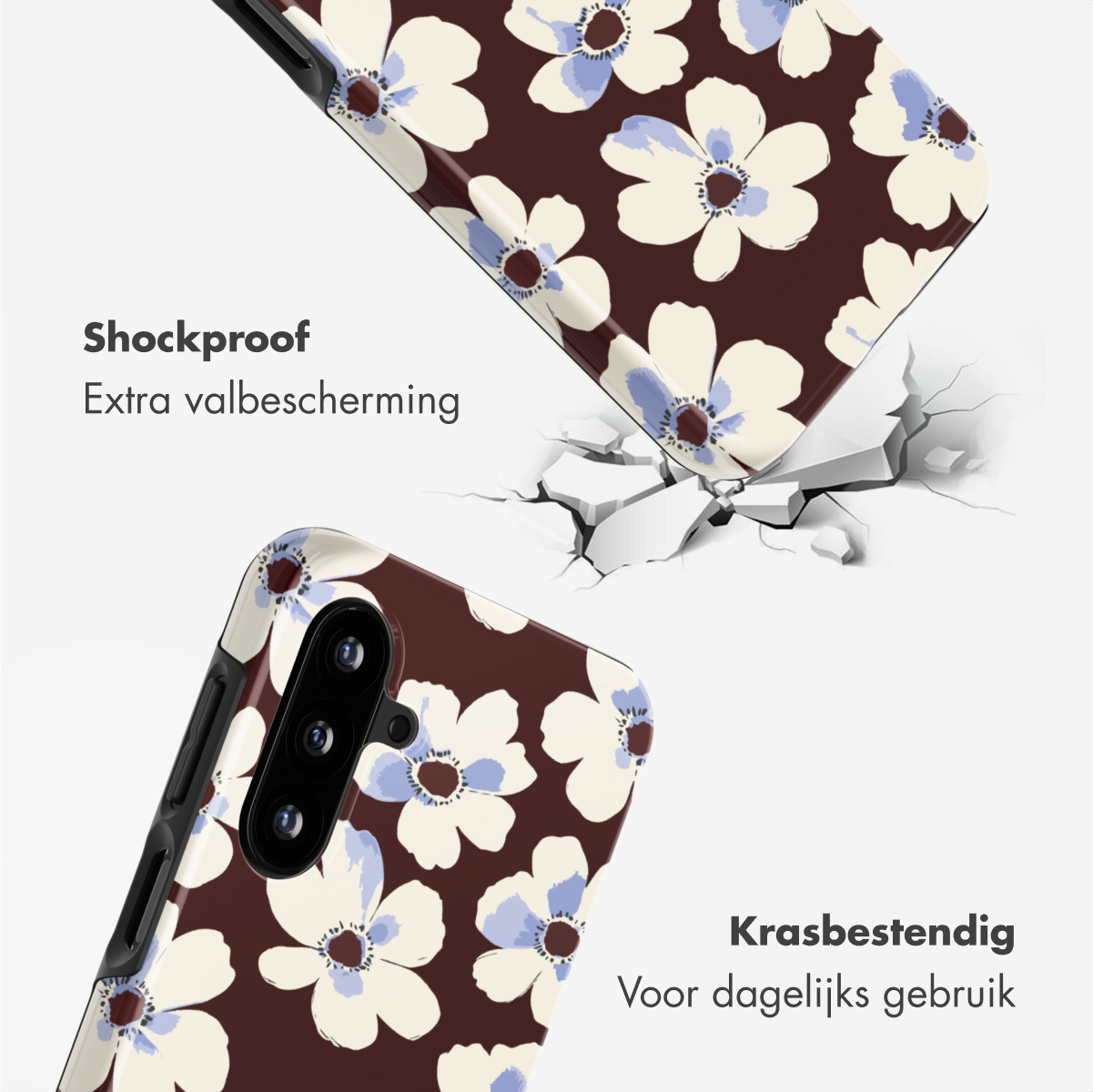 Twee telefoonhoesjes met bloemenpatronen op een bruine achtergrond. Een hoesje is kapot. Tekst: 'Schokbestendig' en 'Krasbestendig'.