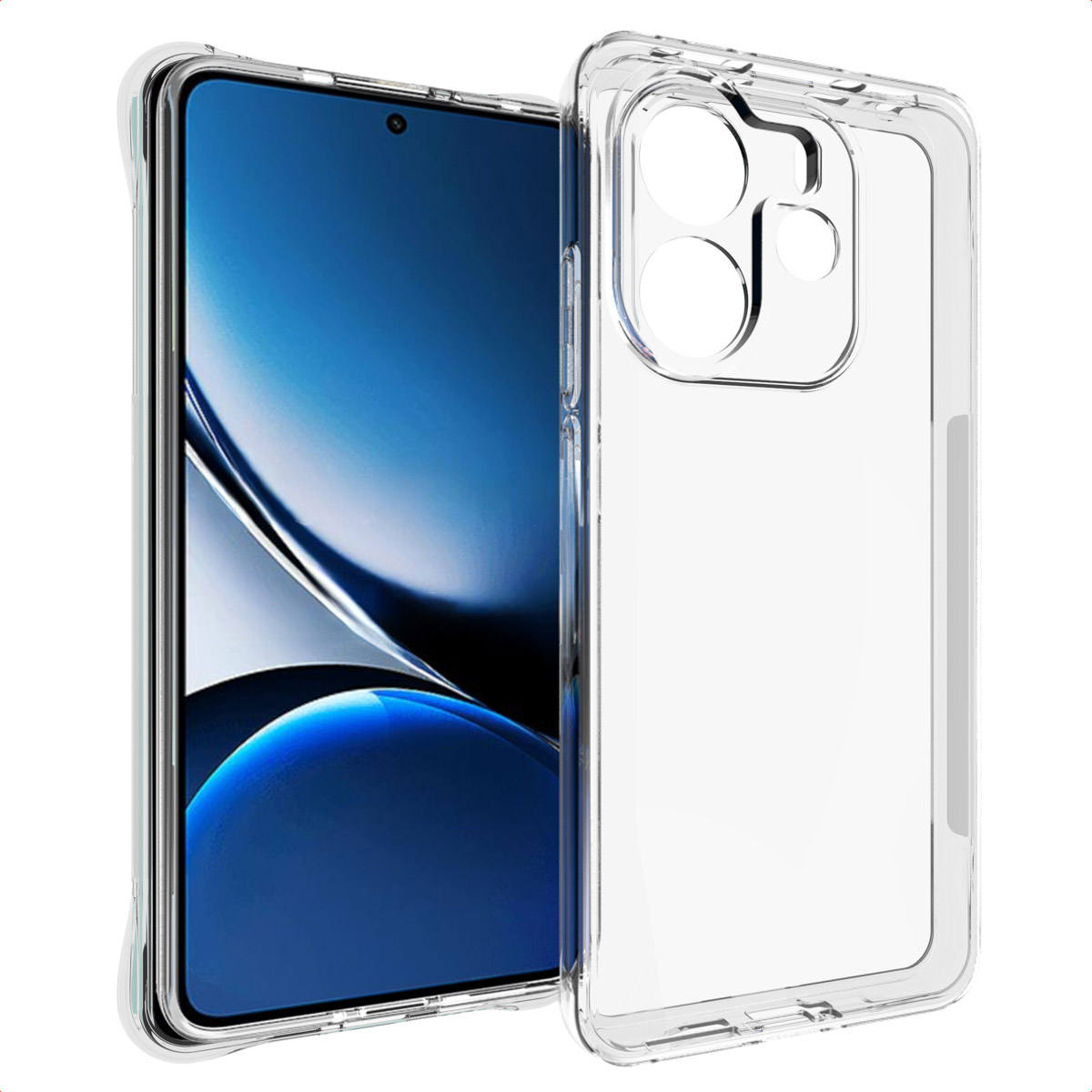 Une coque de téléphone transparente à côté d'un smartphone. Le téléphone a un écran bleu et blanc. La coque est transparente et protège le téléphone.