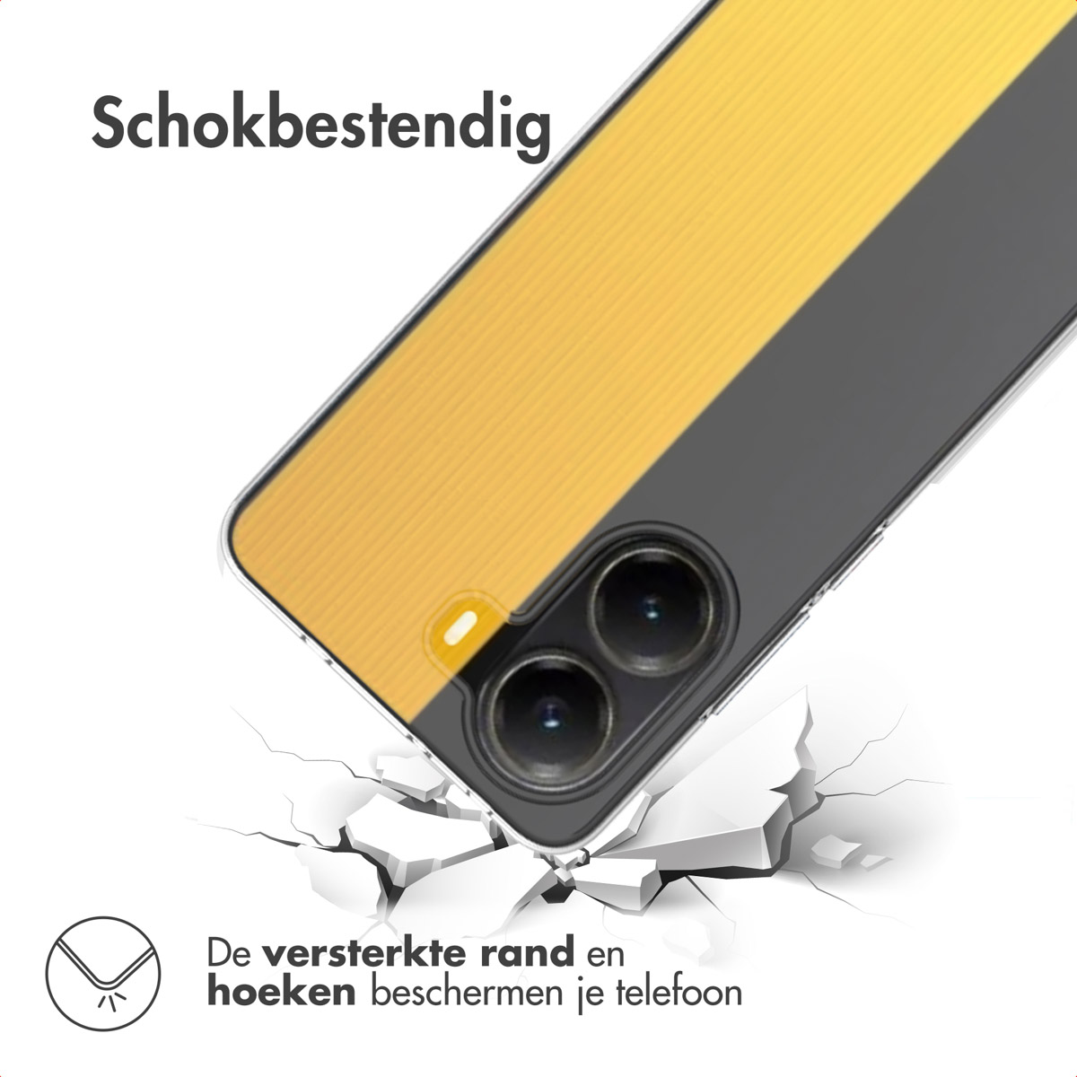 Une coque de téléphone à rayures jaunes et noires est montrée, semblant briser une surface blanche. Texte: Schokbestendig, Les bords renforcés protègent.