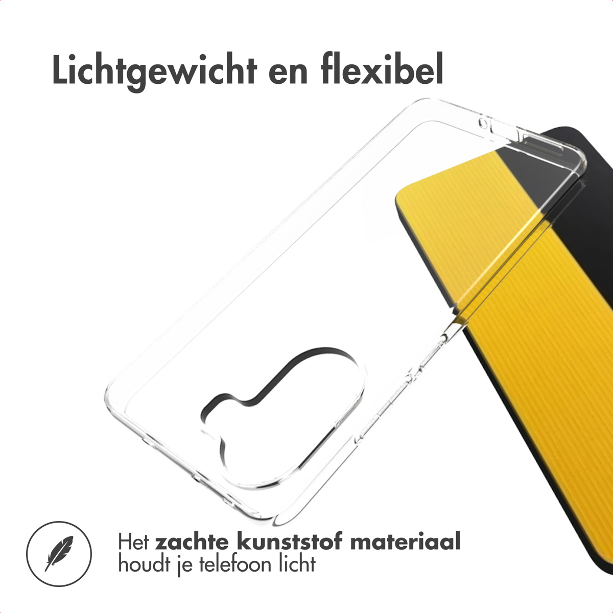 Une coque de téléphone transparente repose sur une surface jaune et noire. Texte : 'Léger et flexible'. Un logo de plume en bas.