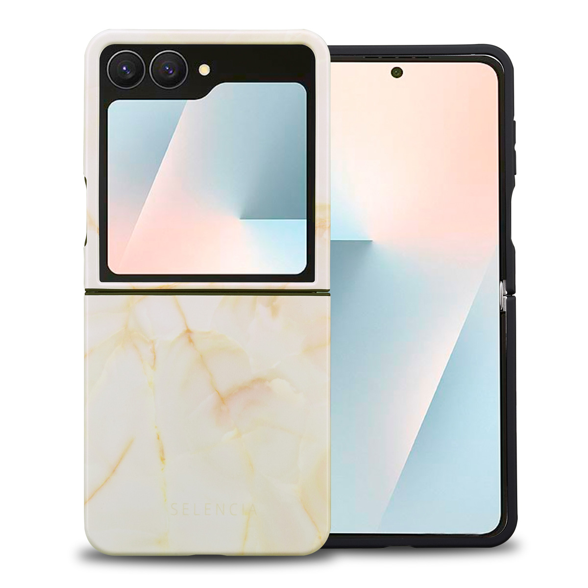 Een witte telefoonhoes met marmerontwerp en een zwarte telefoon. De telefoon is gedeeltelijk open en toont het scherm.