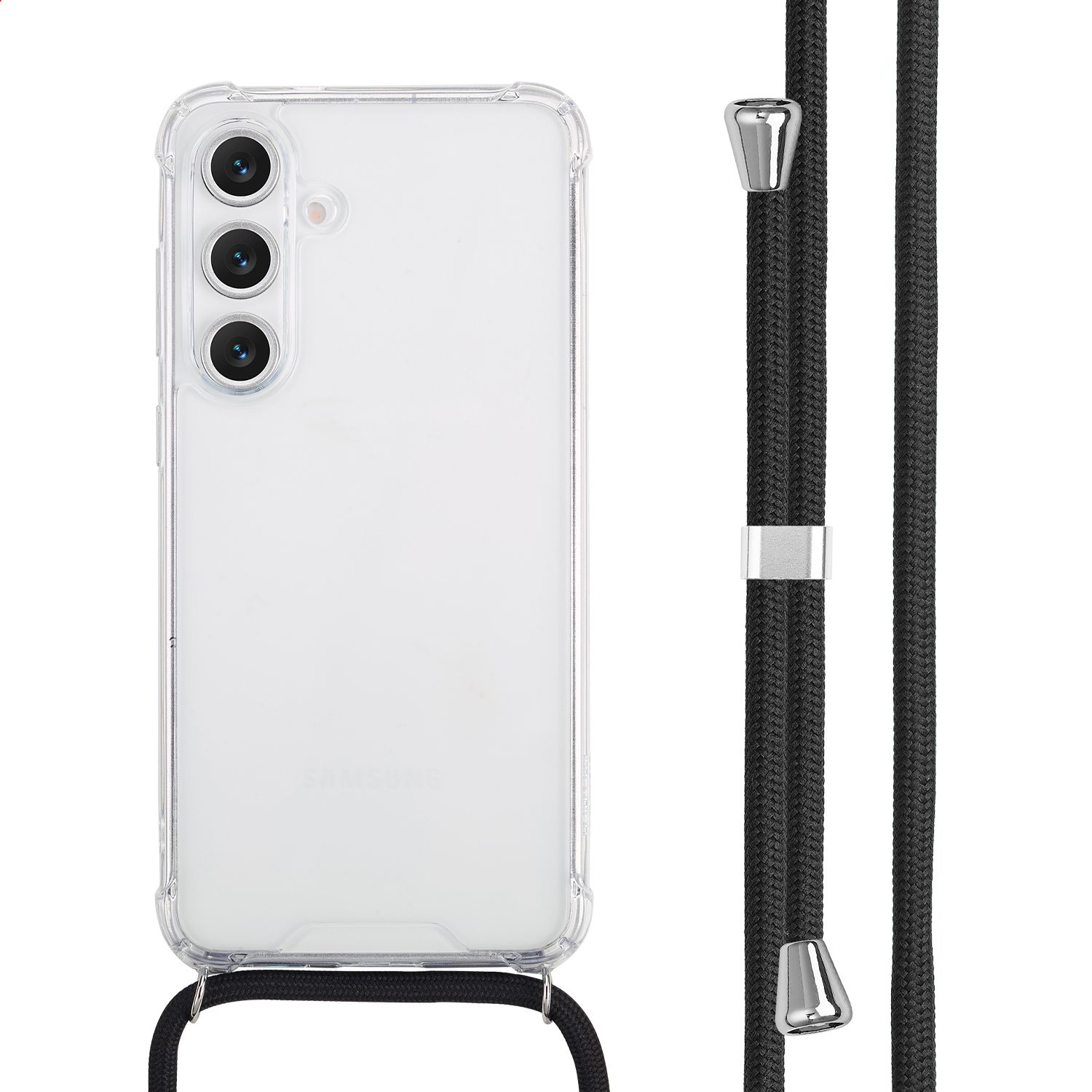 Een doorzichtige telefoonhoes met een zwart koord. De telefoon heeft drie camera's. Het koord heeft zilveren metalen details.
