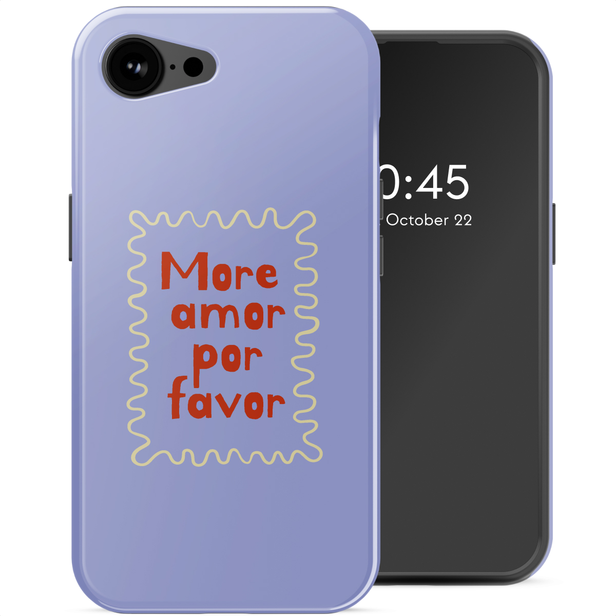 Un téléphone avec une coque violet clair. La coque indique « More amor por favor » avec une bordure jaune. À droite, un téléphone noir.