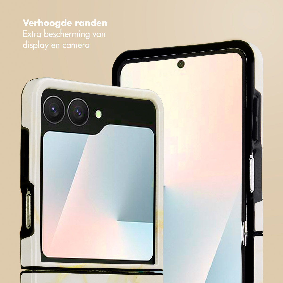 Twee smartphones met beschermhoezen. Eén wit, één zwart. Tekst: Verhoogde randen Extra bescherming van display en camera.