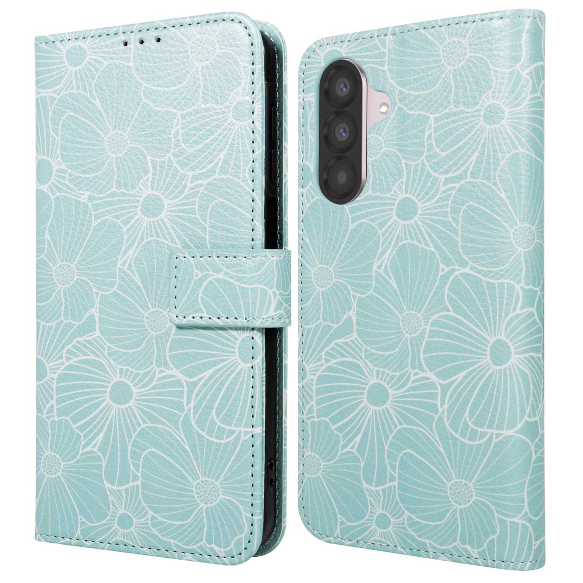 Een turquoise telefoonhoesje met bloemenpatroon. De hoes is open en toont de telefoon en een magnetische sluiting.