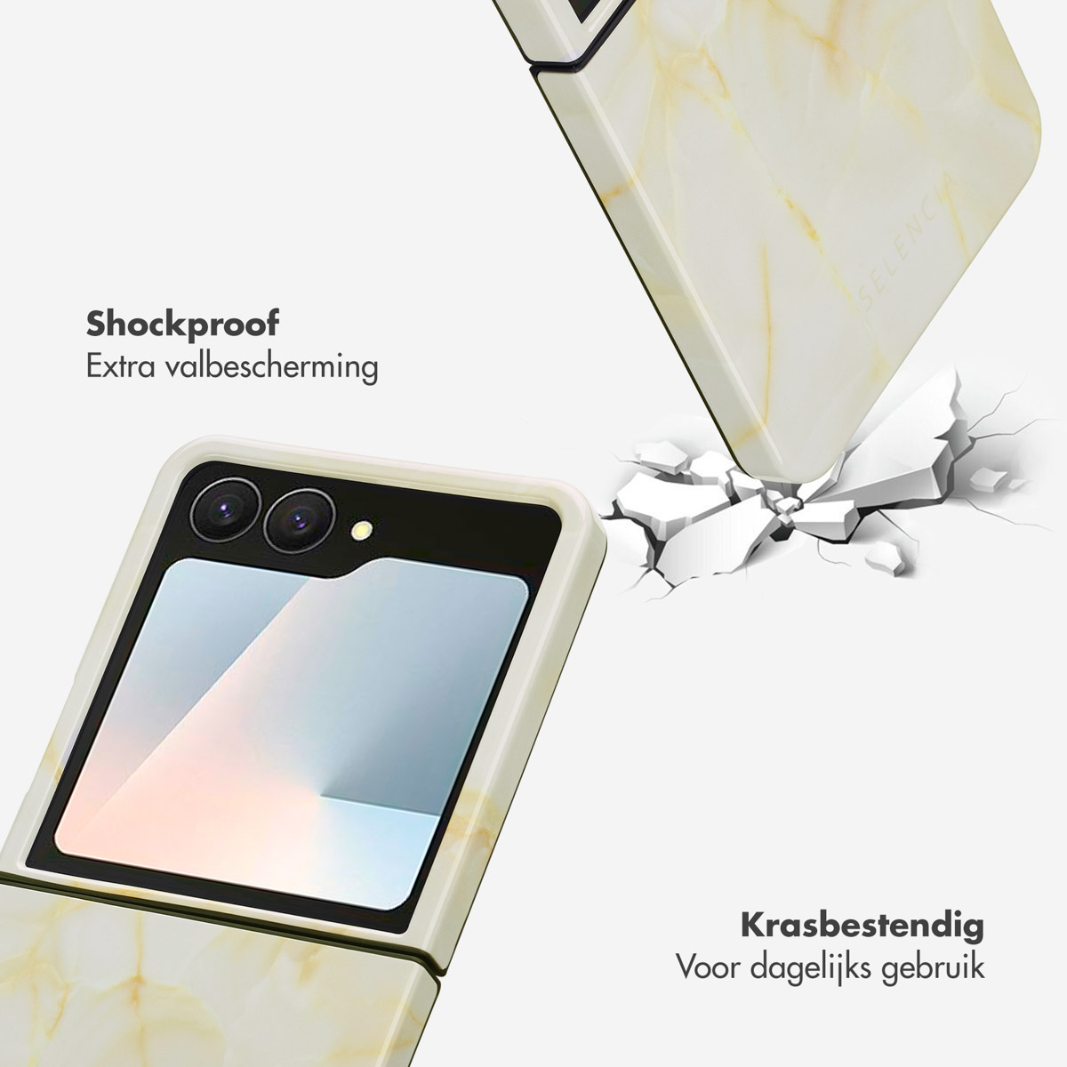 Twee telefoonhoesjes, een die inslaat en de grond breekt. Crèmekleurig marmerontwerp. Tekst: Schokbestendig, extra bescherming, krasbestendig.