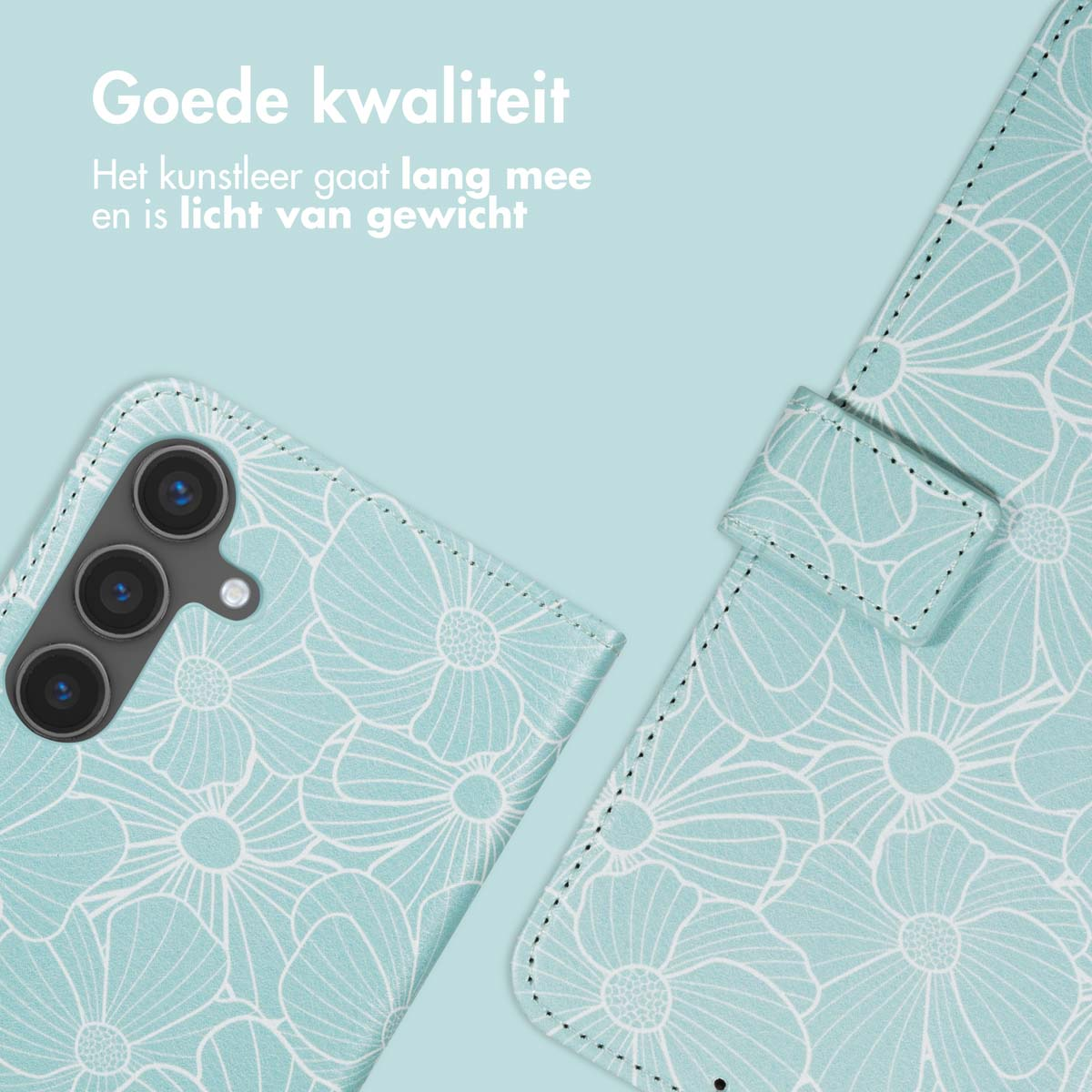 Close-up van een telefoonhoesje met bloemenpatroon. De hoes is lichtblauw met witte bloemen. De camera's van de telefoon zijn zichtbaar.