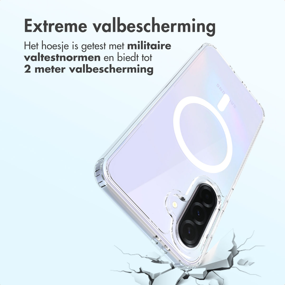 Un téléphone dans un étui transparent tombe, illustrant une protection extrême contre les chutes. Le texte indique des tests de qualité militaire et une protection de 2 mètres.