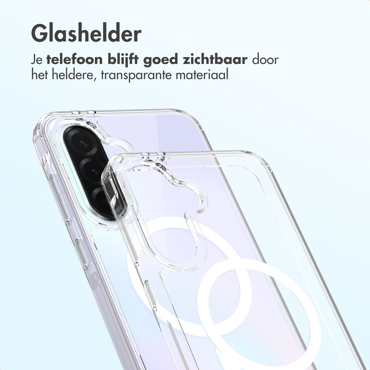 Une coque de téléphone transparente sur un smartphone, montrant les lentilles de l'appareil photo du téléphone. La coque met en valeur le design.