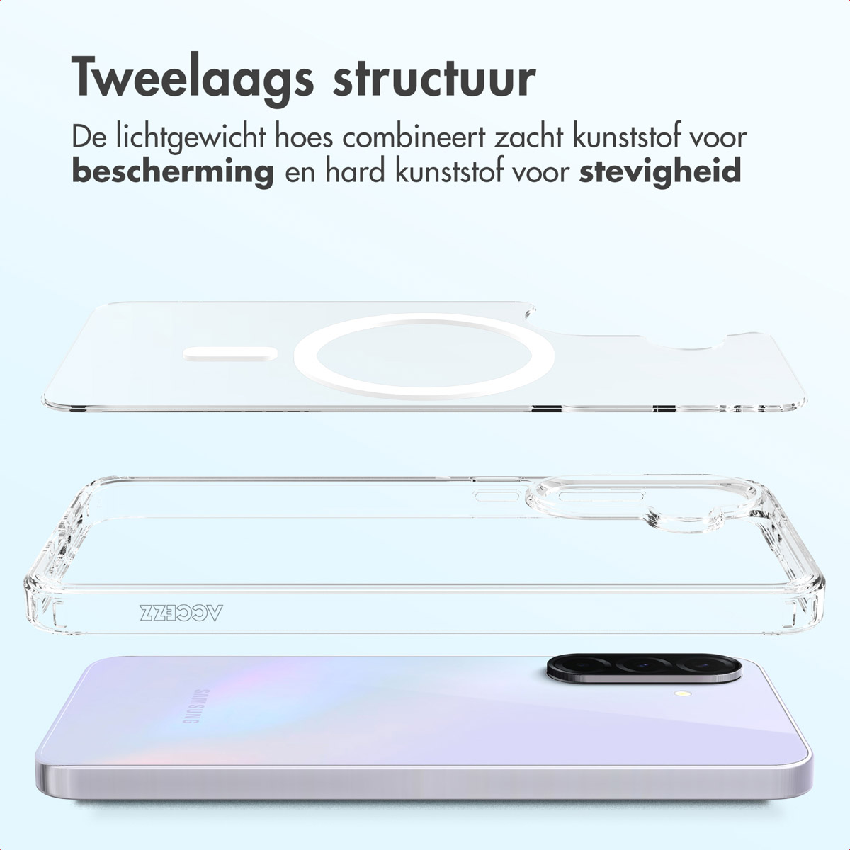Un téléphone avec une coque transparente, présentant deux couches de protection. Le texte met en évidence le plastique souple et dur.