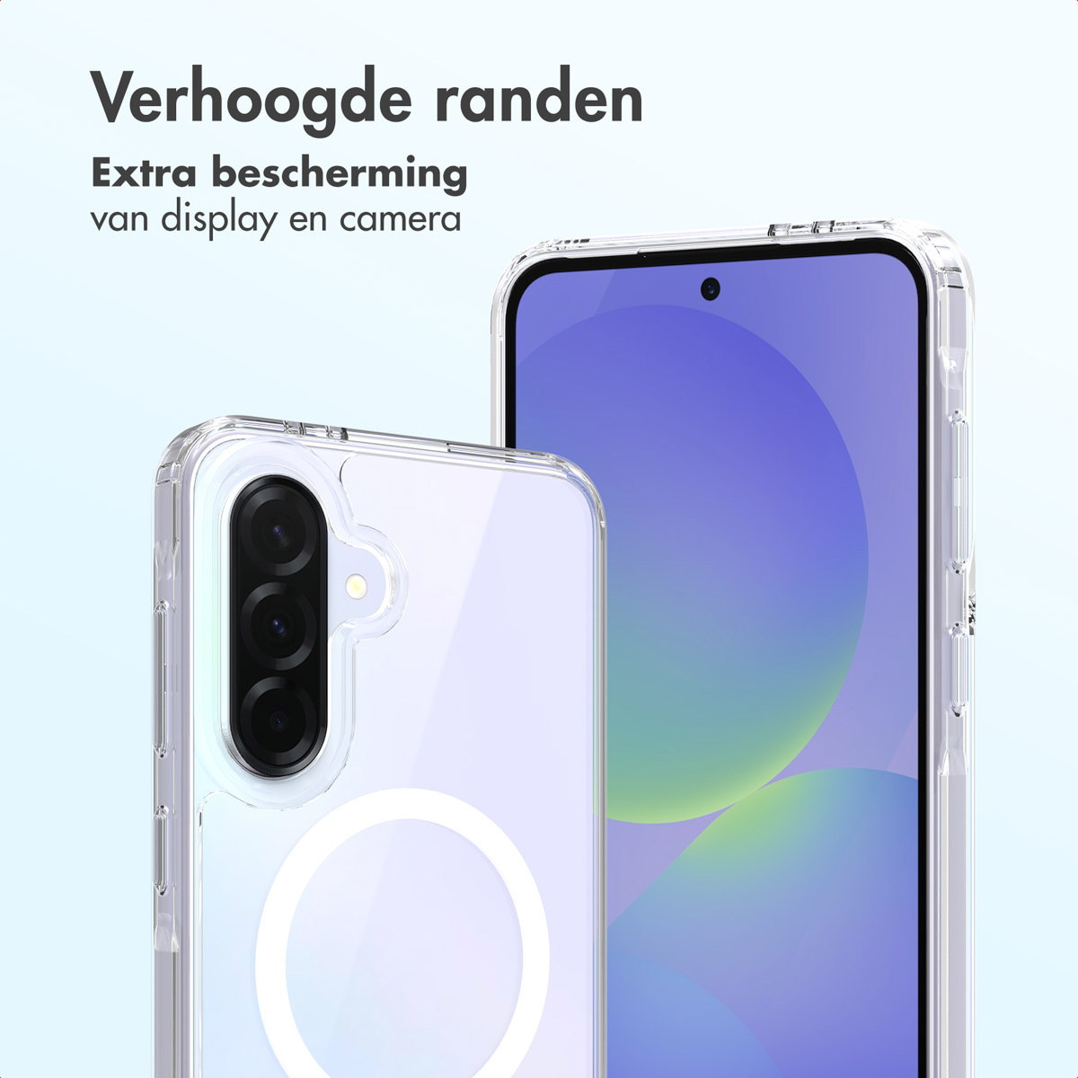 Deux smartphones dans des étuis transparents. L'un montre des objectifs d'appareil photo, l'autre un écran. Texte en néerlandais.