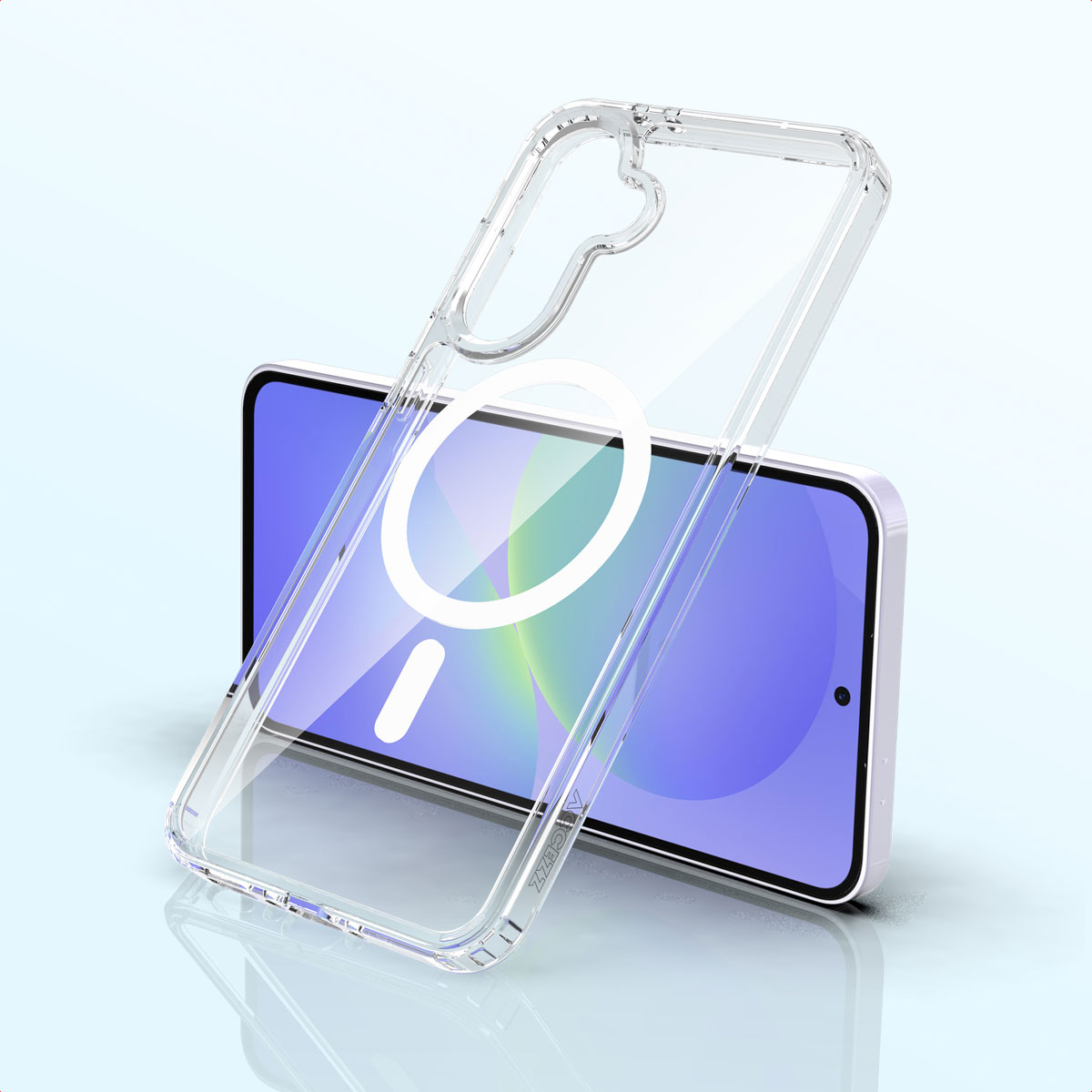 Un étui de téléphone transparent sur un smartphone. Le téléphone a un écran violet avec un cercle de chargement blanc. L'étui a un anneau magnétique.