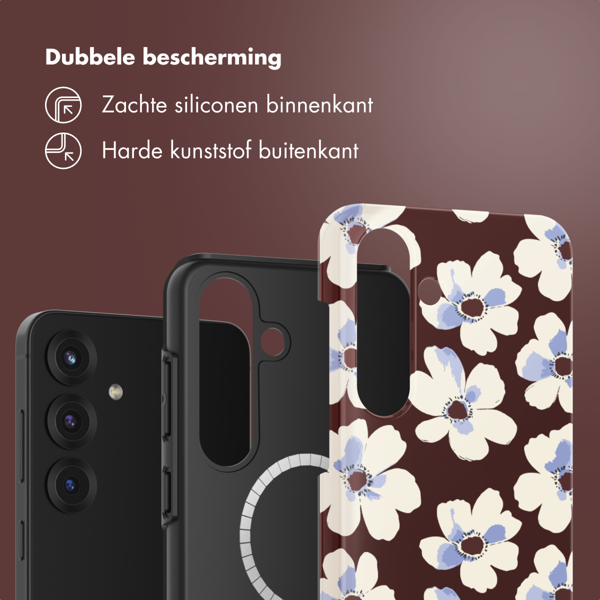 Telefoonhoesjes met bloemenpatronen. Zwart, zwart met witte cirkel en bloemenbruin. Tekst: dubbele bescherming, siliconen binnen, hard buiten.