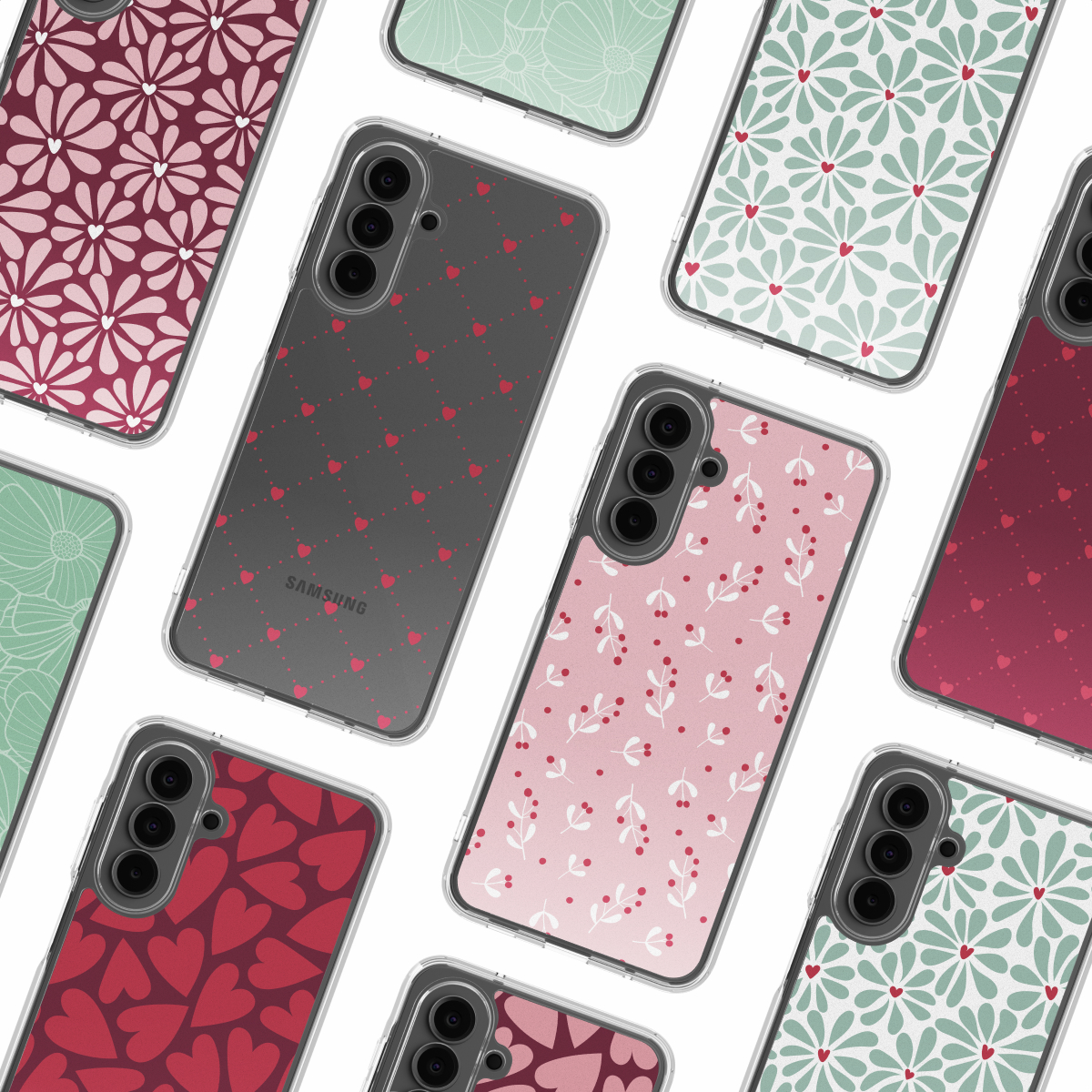 Een reeks telefoonhoesjes met verschillende patronen, waaronder harten, bloemen en bladeren, in roze, rode en groene tinten.
