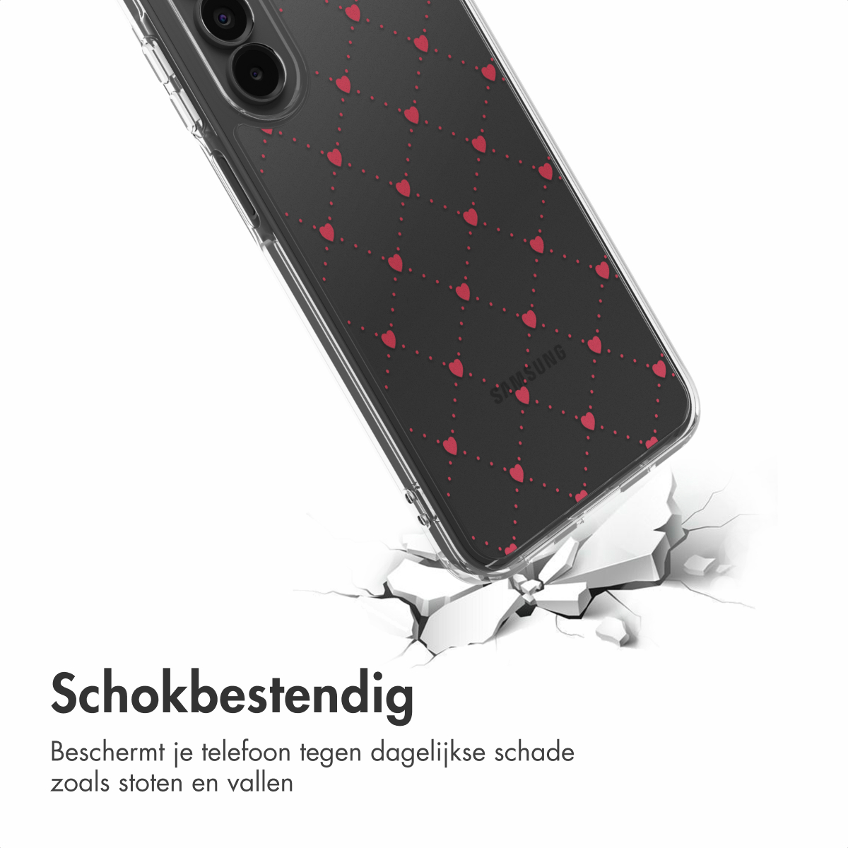 Een telefoon in een hoesje met rode hartjes breekt een wit oppervlak. De hoes heeft een zwarte achtergrond, de telefoon staat schuin.